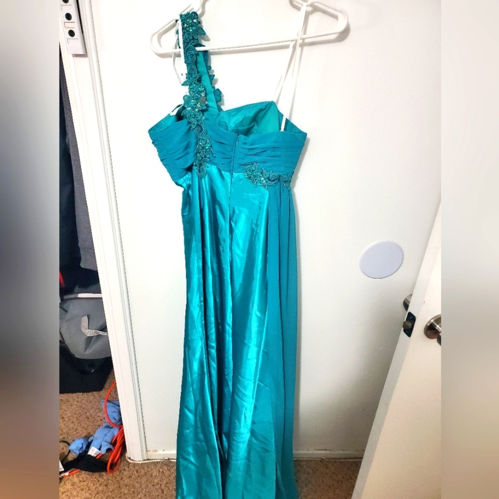 cache size 8 teal floor length one shoulder chiffon dress